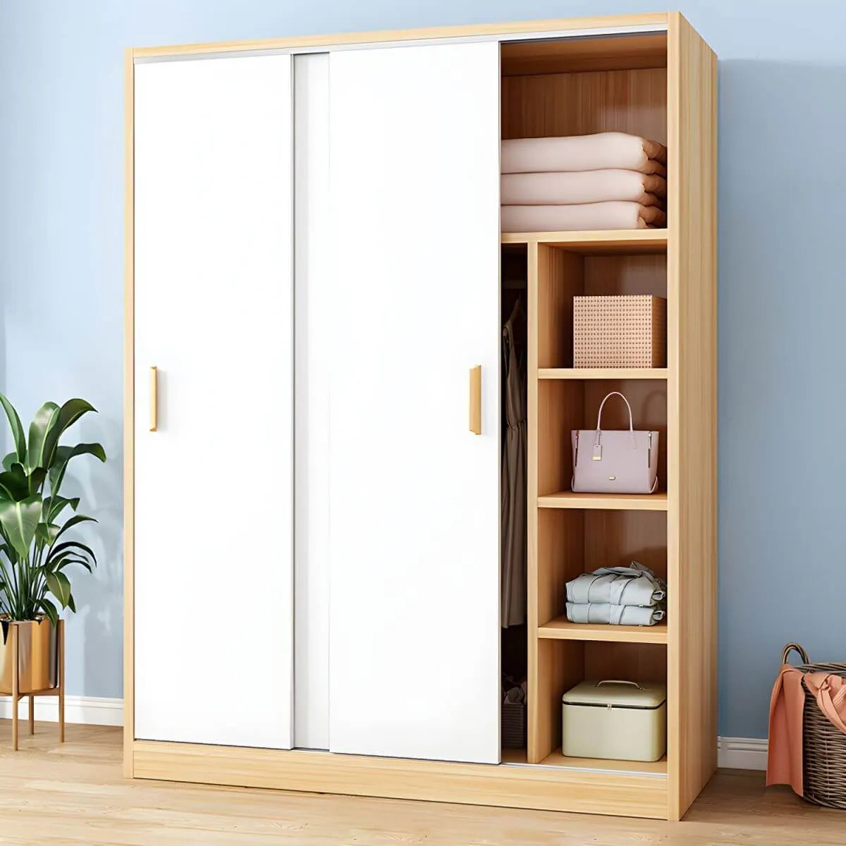 Wood Grain Sliding Door Wardrobe Armoire With Rod and Shelves