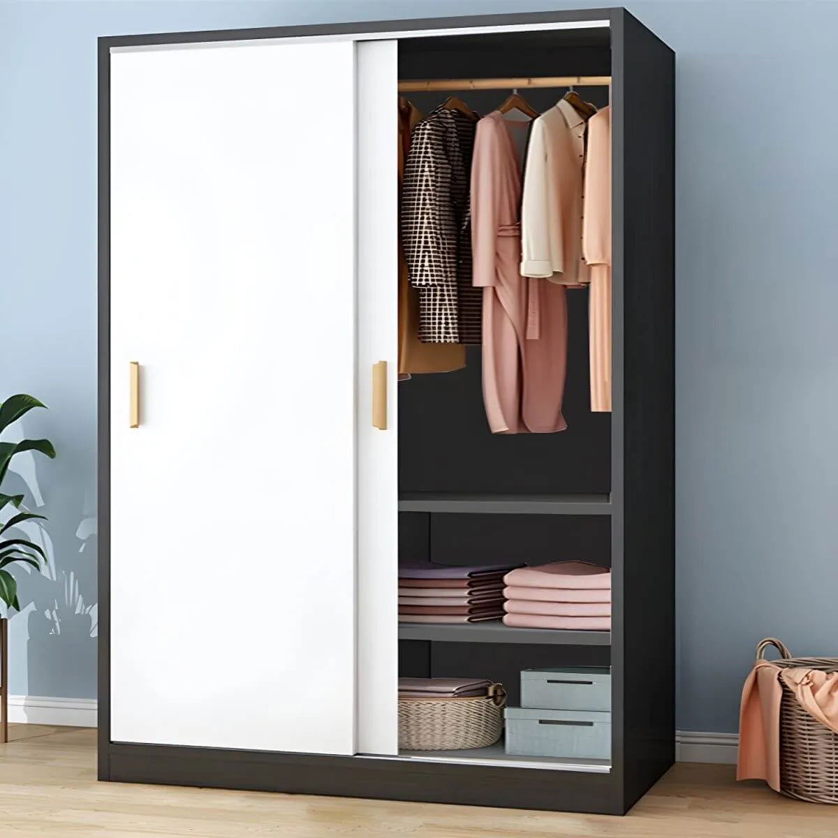 Wood Grain Sliding Door Wardrobe Armoire With Rod and Shelves
