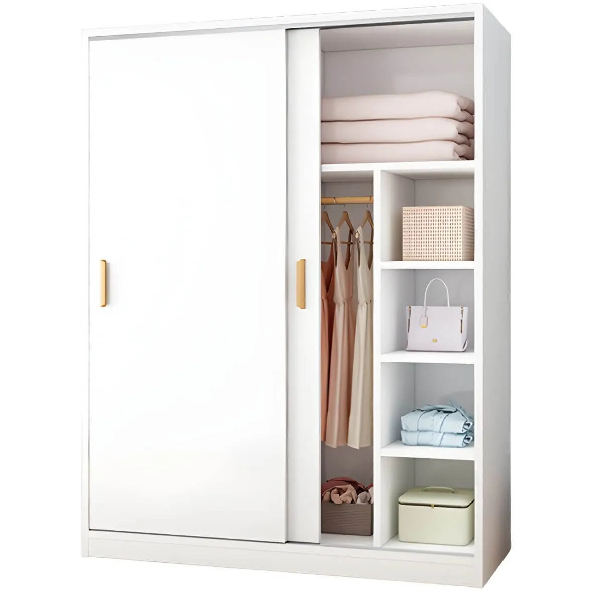 Wood Grain Sliding Door Wardrobe Armoire With Rod and Shelves