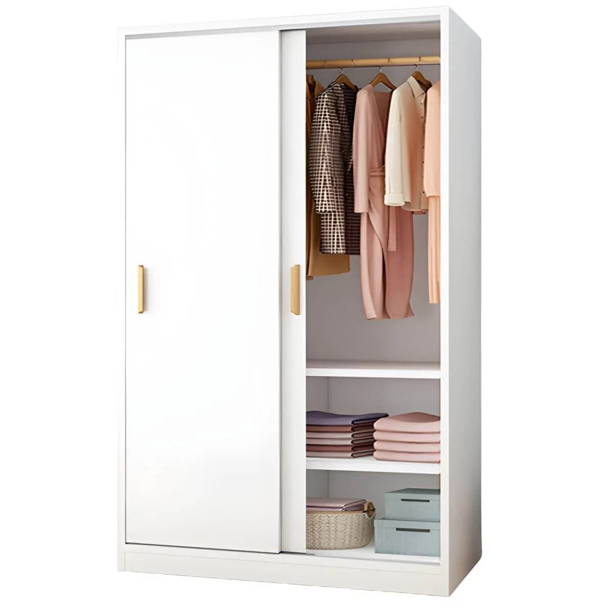 Wood Grain Sliding Door Wardrobe Armoire With Rod and Shelves
