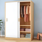 Wood Grain Sliding Door Wardrobe Armoire With Rod and Shelves