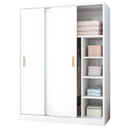 Wood Grain Sliding Door Wardrobe Armoire With Rod and Shelves