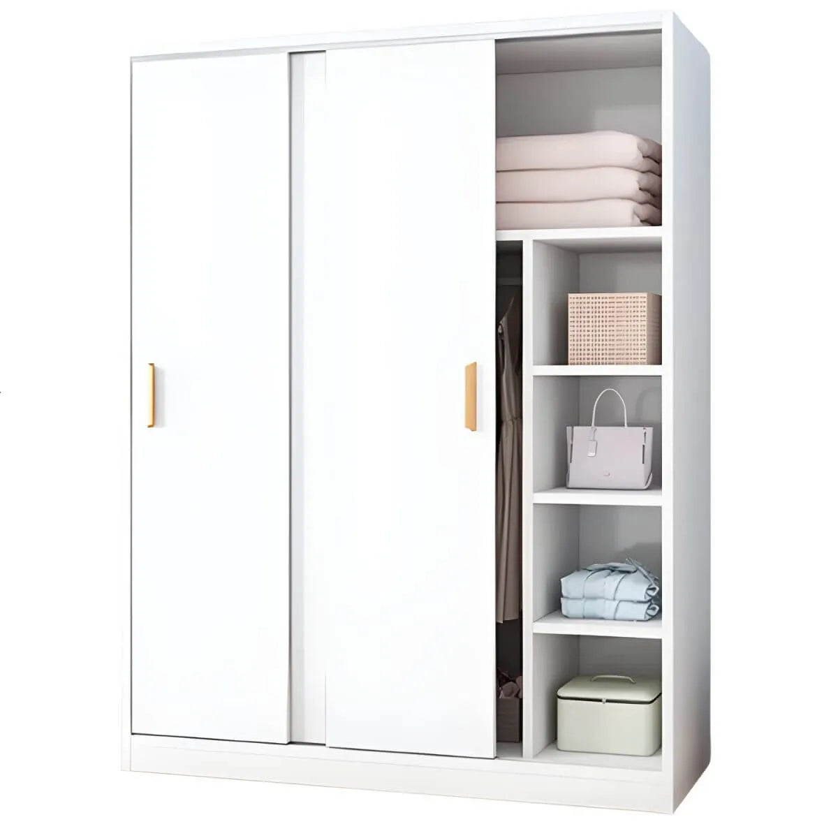 Wood Grain Sliding Door Wardrobe Armoire With Rod and Shelves
