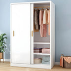 Wood Grain Sliding Door Wardrobe Armoire With Rod and Shelves