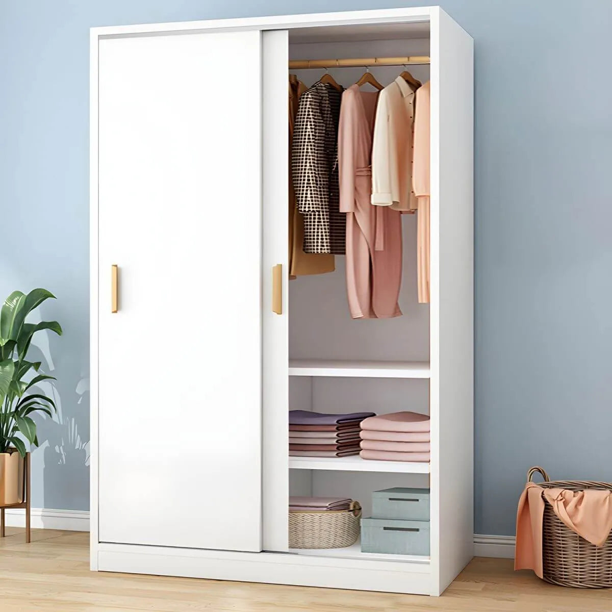 Wood Grain Sliding Door Wardrobe Armoire With Rod and Shelves