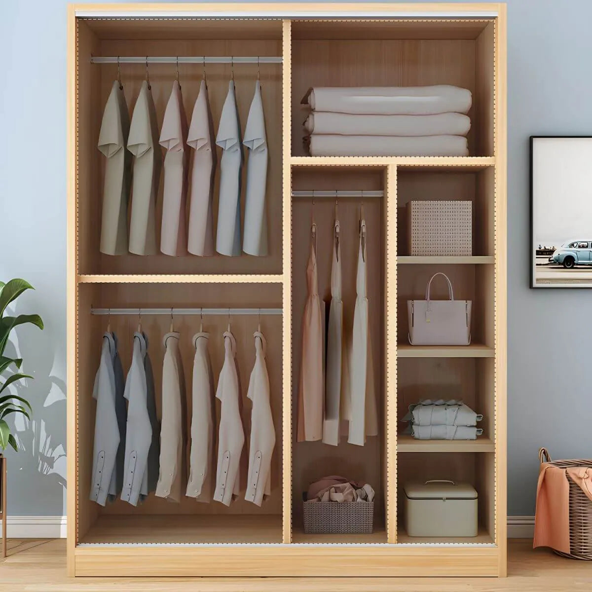 Wood Grain Sliding Door Wardrobe Armoire With Rod and Shelves