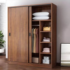 Wood Grain Sliding Door Wardrobe Armoire With Rod and Shelves