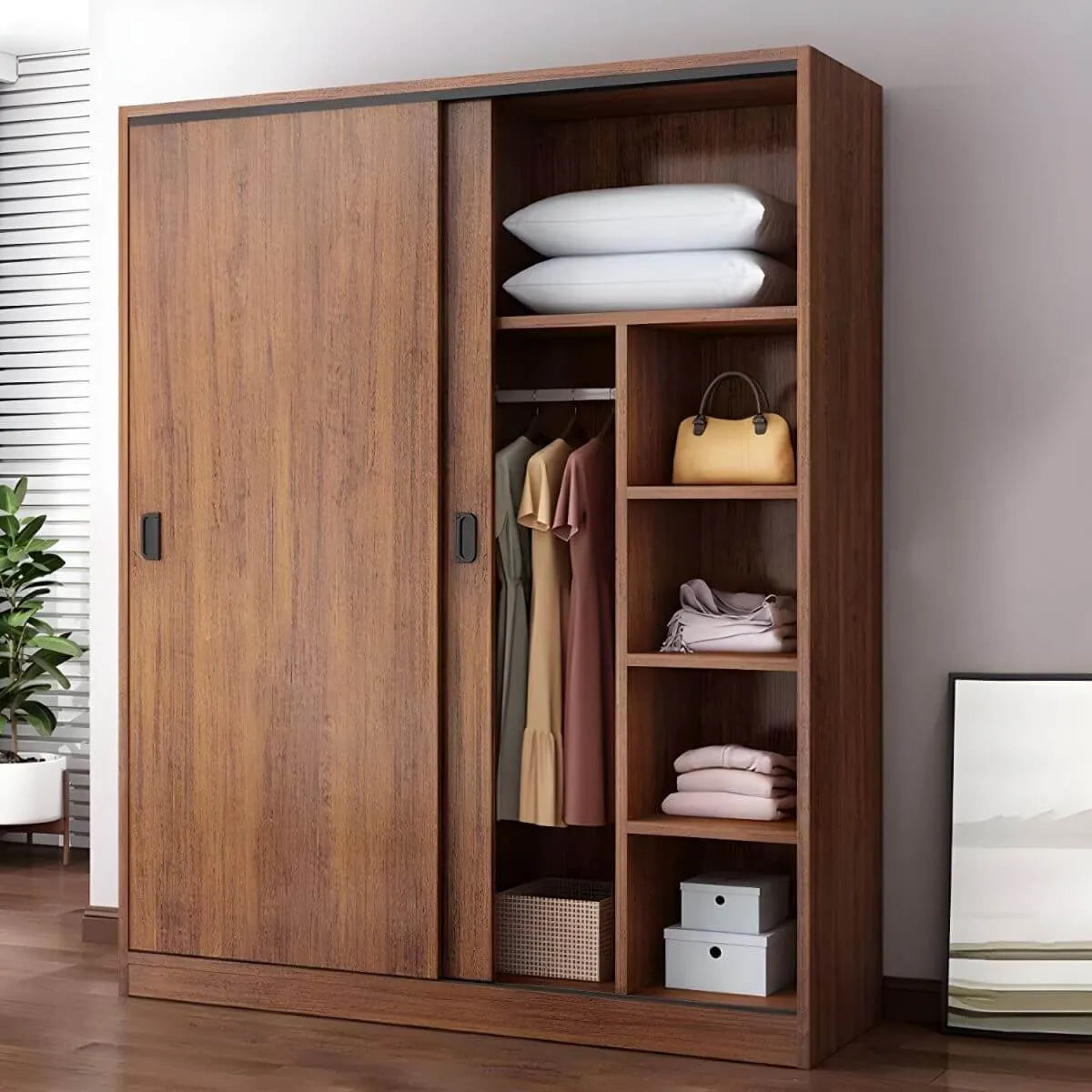 Wood Grain Sliding Door Wardrobe Armoire With Rod and Shelves