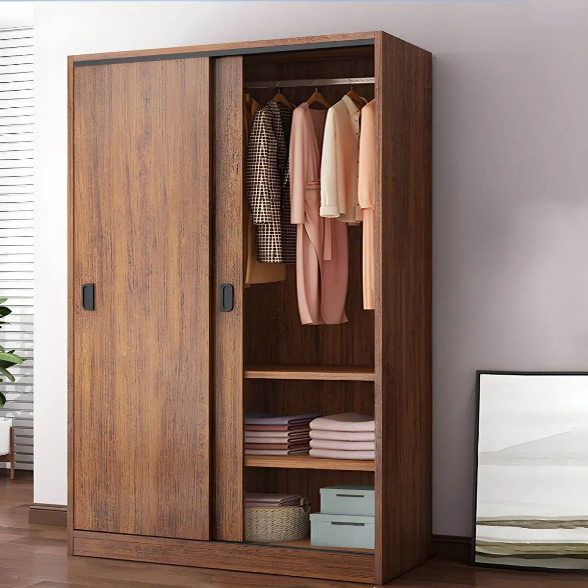 Wood Grain Sliding Door Wardrobe Armoire With Rod and Shelves