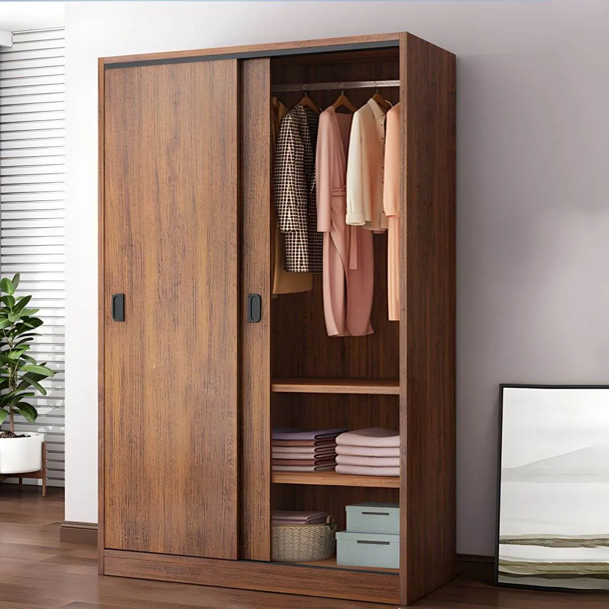 Wood Grain Sliding Door Wardrobe Armoire With Rod and Shelves Main Product Image