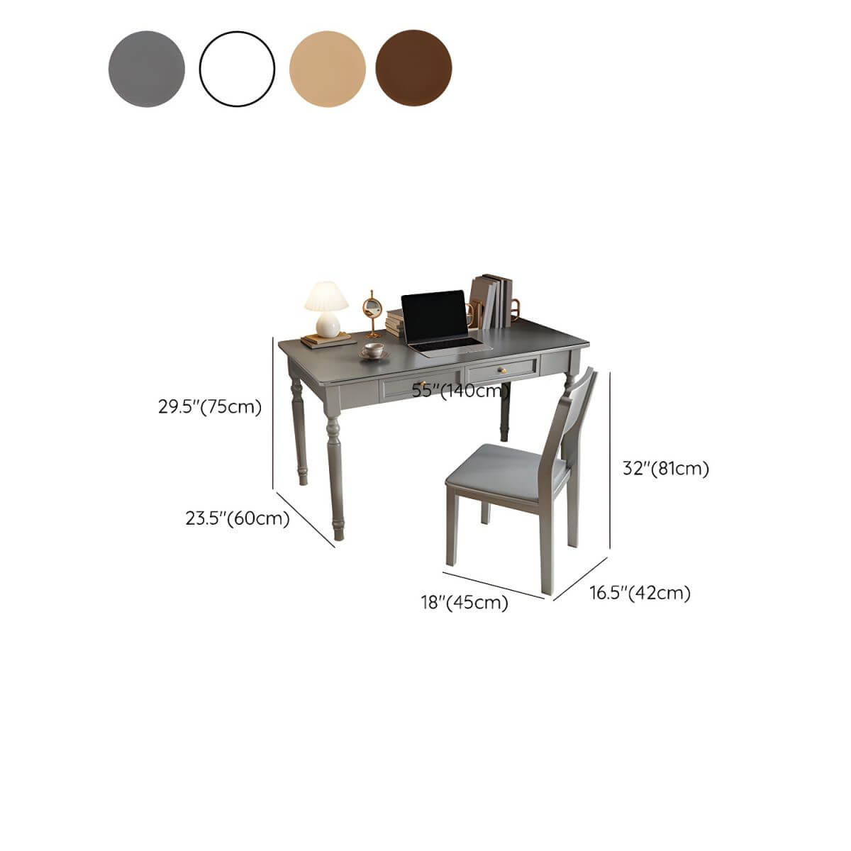 Wood Writing Desk with Drawer and Chair Set in Walnut Finish Dimensions