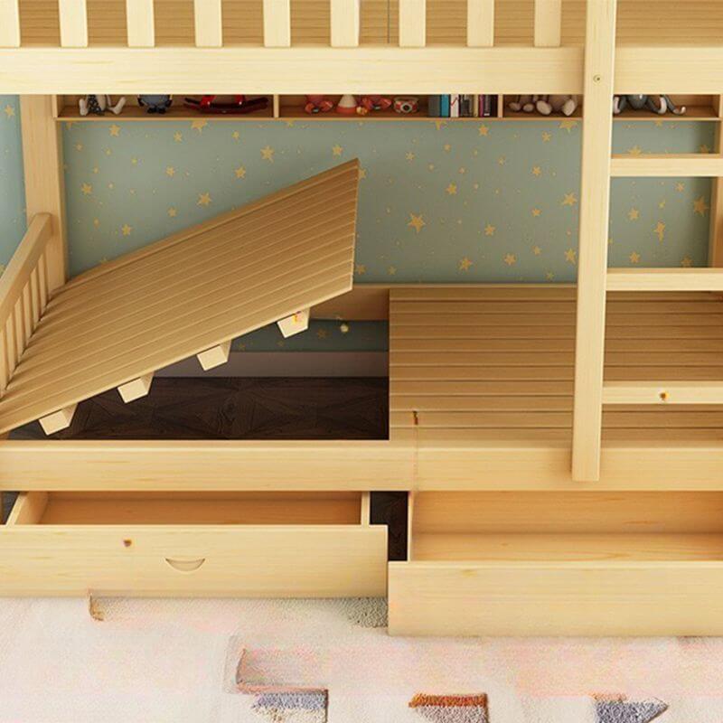 Wooden Bunk Bed With Ladder & Drawers - Natural Finish