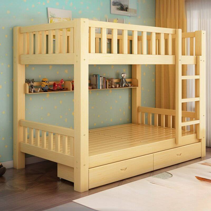 Wooden Bunk Bed With Ladder & Drawers - Natural Finish