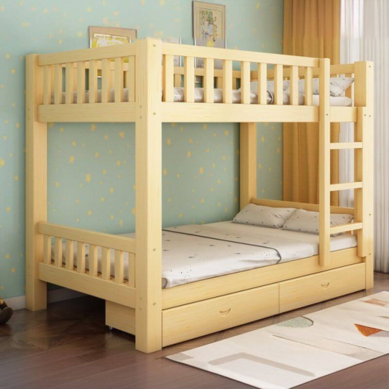 Wooden Bunk Bed With Ladder & Drawers - Natural Finish