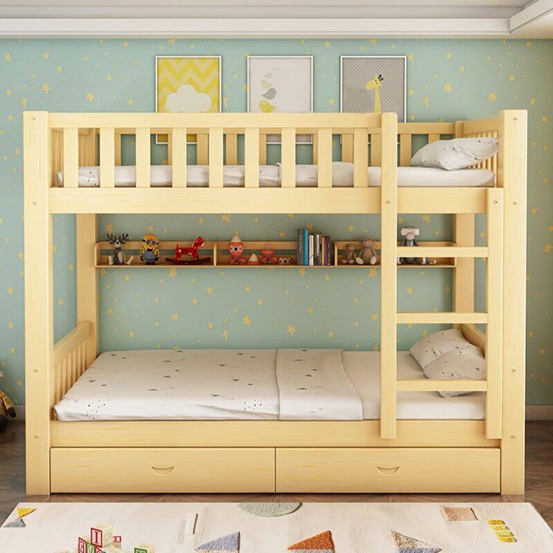 Wooden Bunk Bed With Ladder & Drawers - Natural Finish