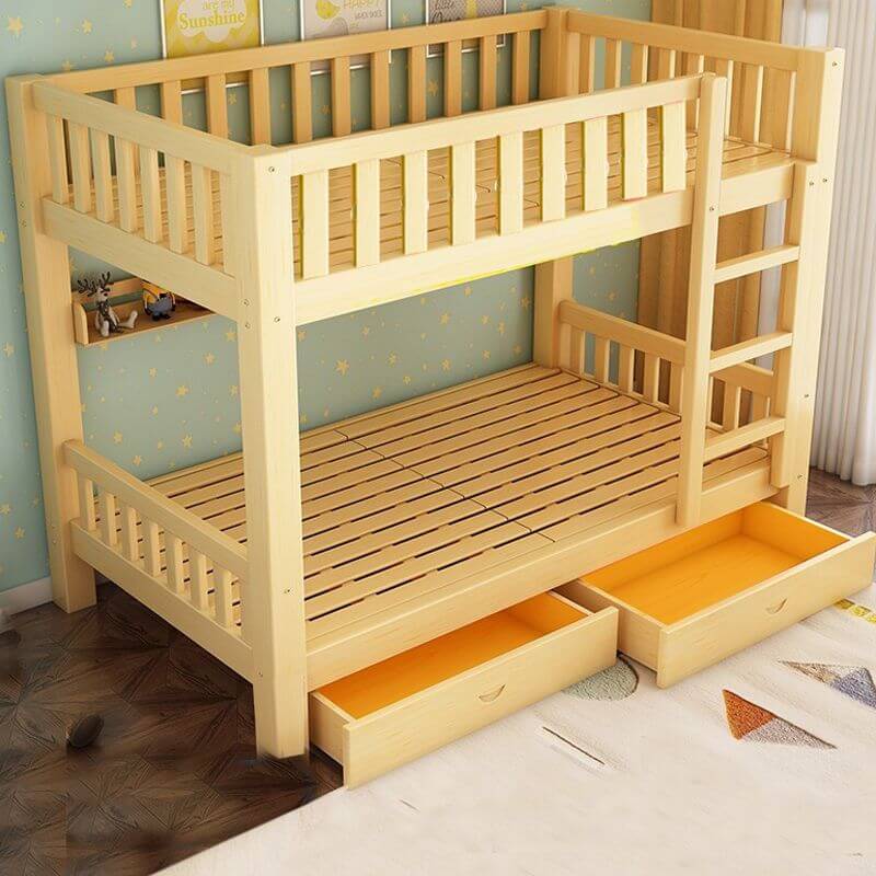 Wooden Bunk Bed With Ladder & Drawers - Natural Finish