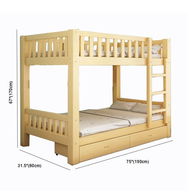 Wooden Bunk Bed With Ladder & Drawers - Natural Finish Dimensions