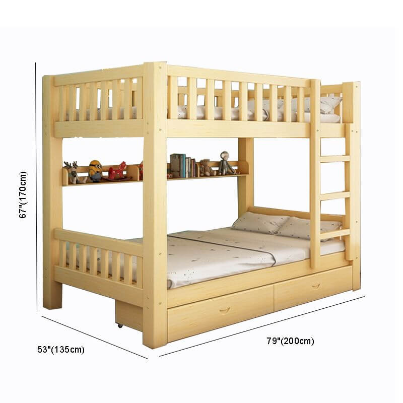 Wooden Bunk Bed With Ladder & Drawers - Natural Finish Dimensions