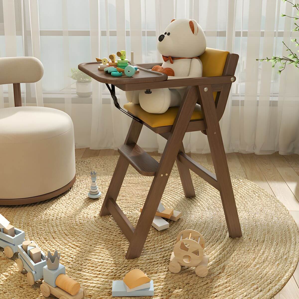 Wooden Kids Chair With PU Upholstery - Walnut/Blue