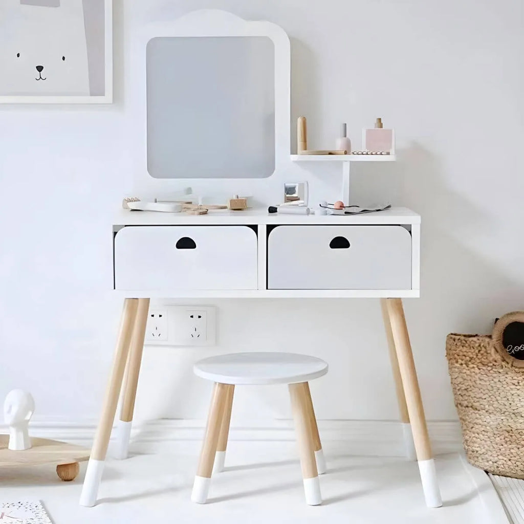 Wooden Kids Vanity Set with Mirror and Chair – Pink & White