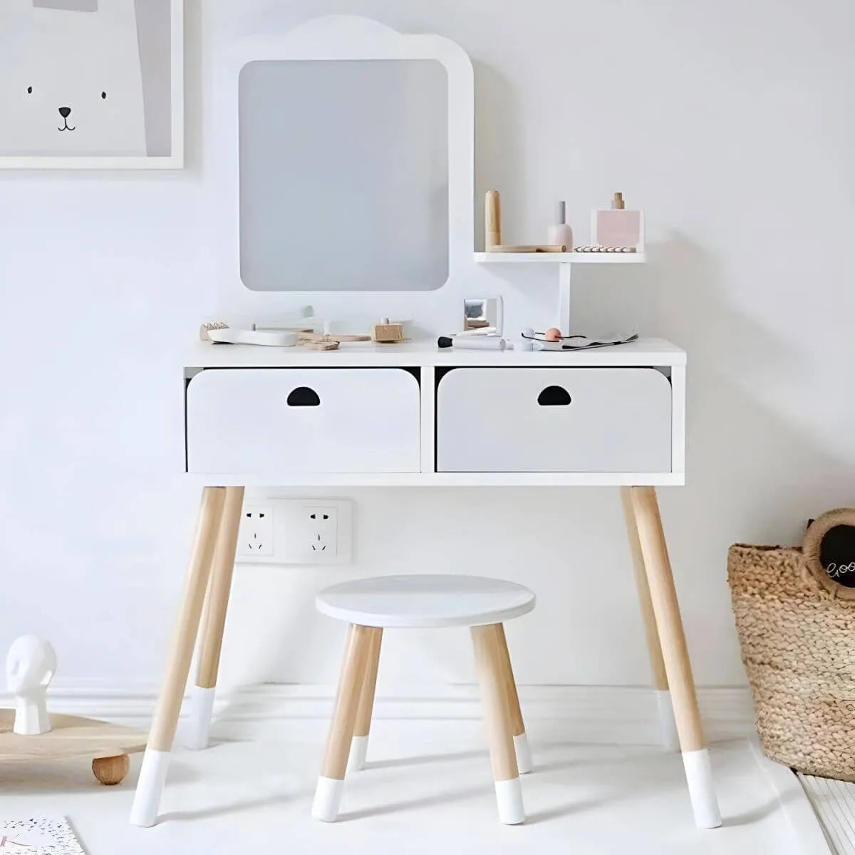 Wooden Kids Vanity Set with Mirror and Chair – Pink & White