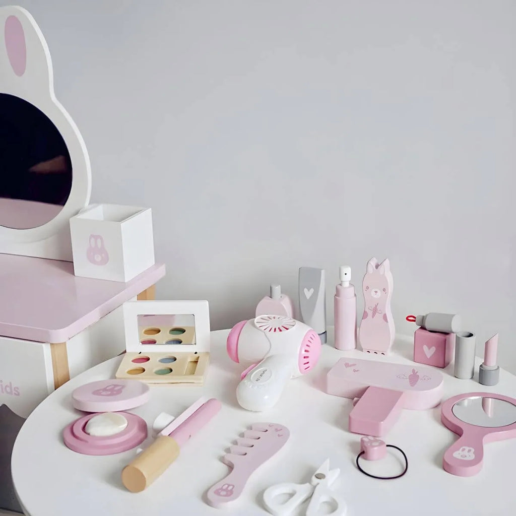 Wooden Kids Vanity Set with Mirror and Chair – Pink & White