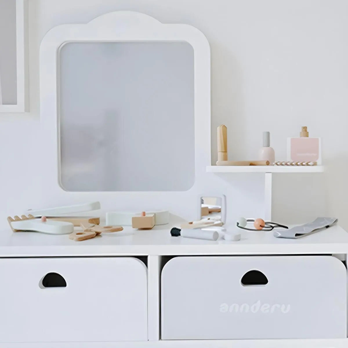 Wooden Kids Vanity Set with Mirror and Chair – Pink & White