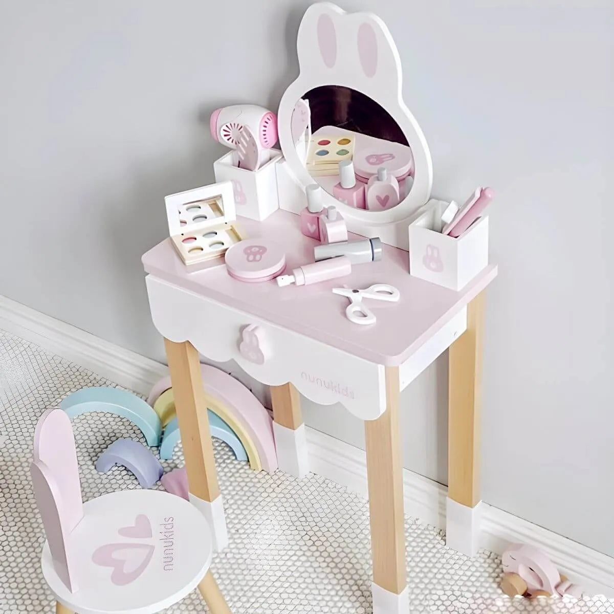 Wooden Kids Vanity Set with Mirror and Chair – Pink & White