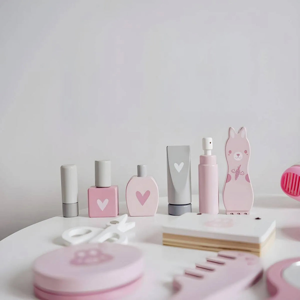 Wooden Kids Vanity Set with Mirror and Chair – Pink & White
