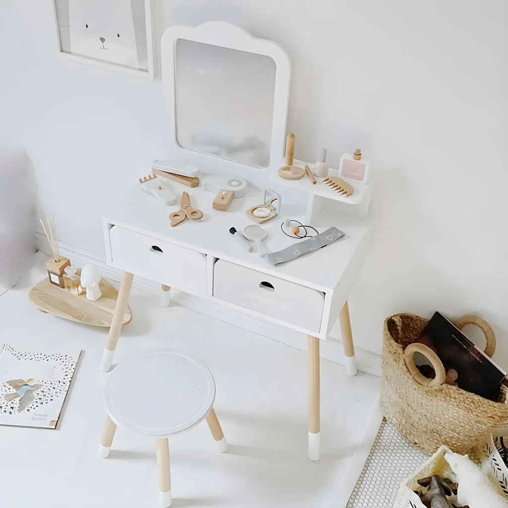 Wooden Kids Vanity Set with Mirror and Chair – Pink & White