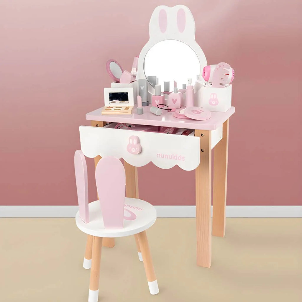 Wooden Kids Vanity Set with Mirror and Chair – Pink & White