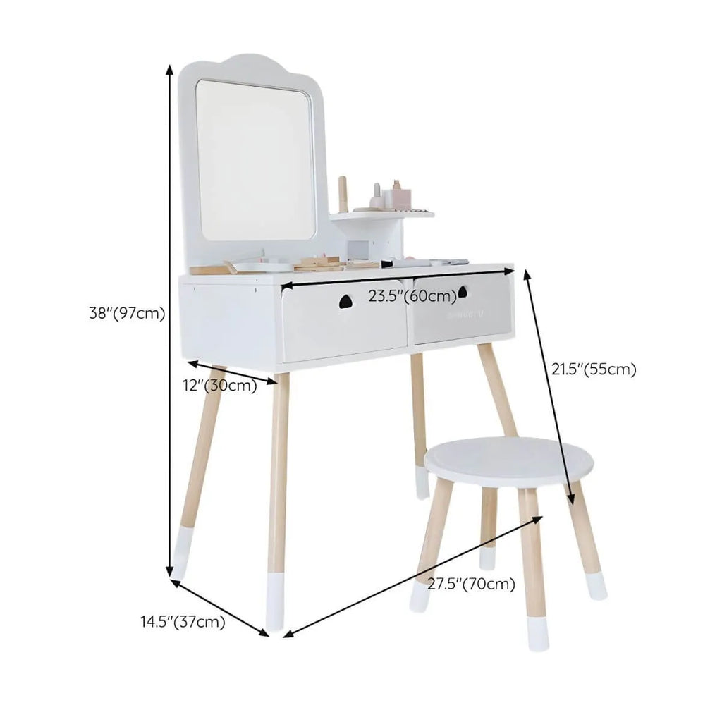 Wooden Kids Vanity Set with Mirror and Chair – Pink & White Dimensions