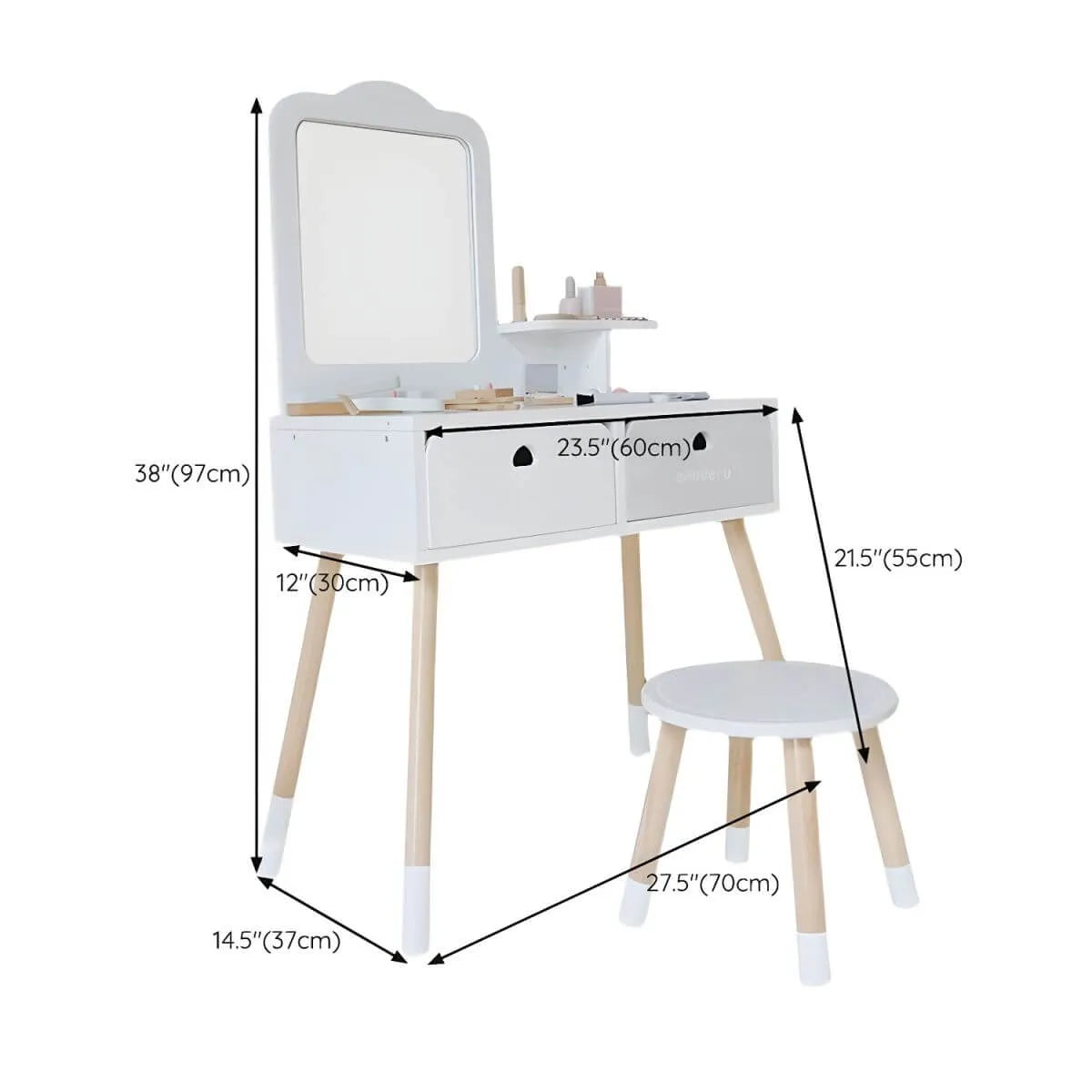 Wooden Kids Vanity Set with Mirror and Chair – Pink & White Dimensions