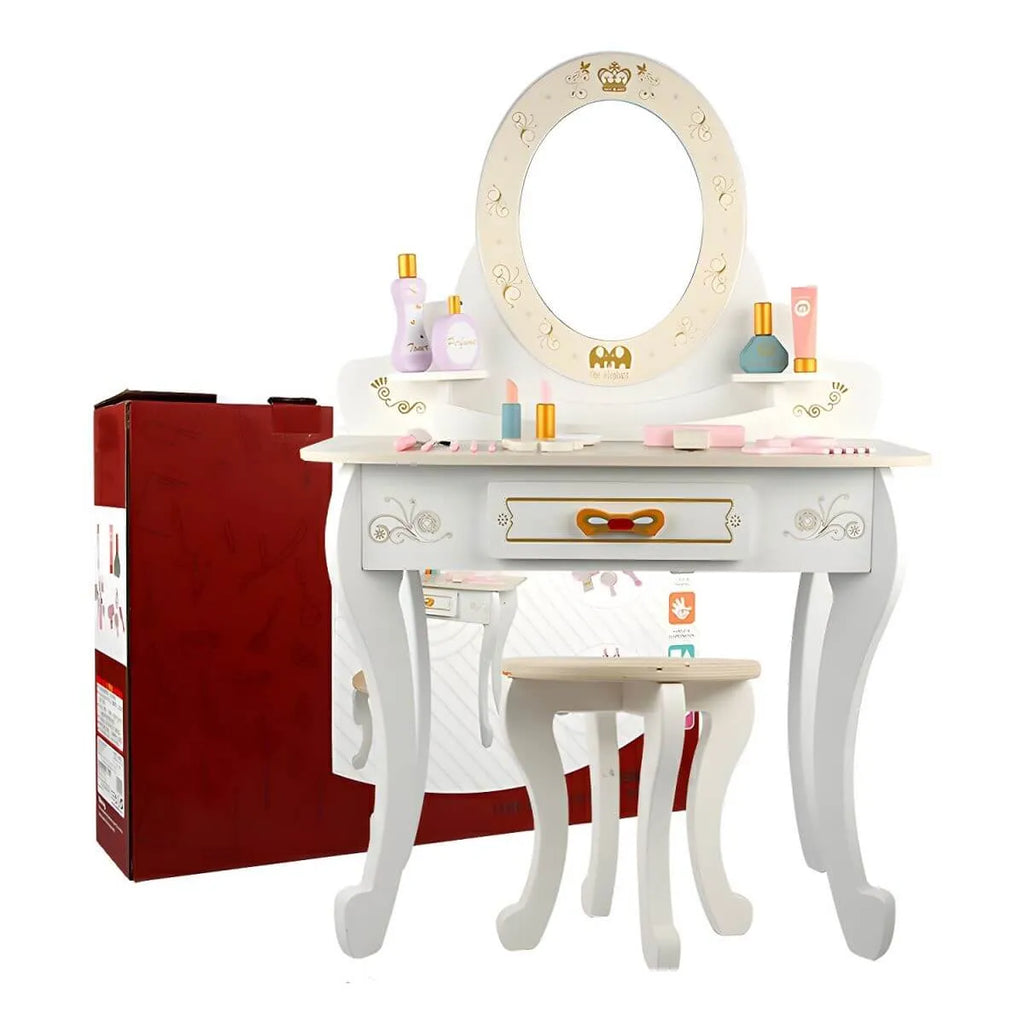 Wooden Kids Vanity Set with Mirror, Drawers & Chair in Pink, White or Yellow
