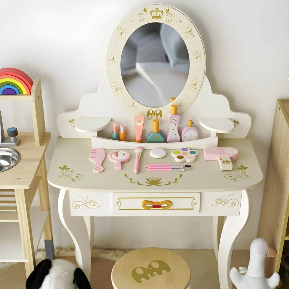 Wooden Kids Vanity Set with Mirror, Drawers & Chair in Pink, White or Yellow