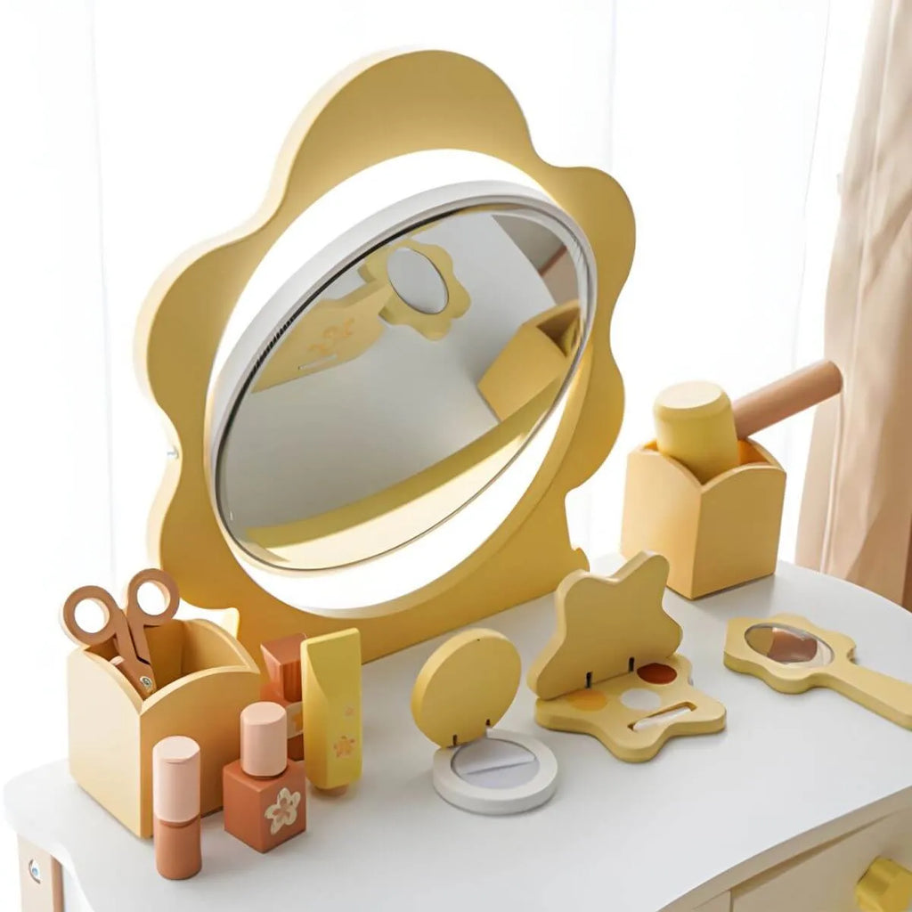 Wooden Kids Vanity Set with Mirror, Drawers & Chair in Pink, White or Yellow