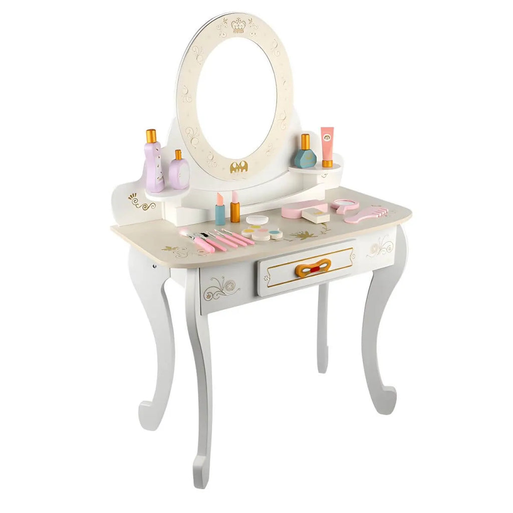 Wooden Kids Vanity Set with Mirror, Drawers & Chair in Pink, White or Yellow