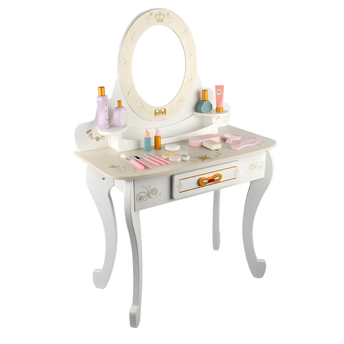 Wooden Kids Vanity Set with Mirror, Drawers & Chair in Pink, White or Yellow