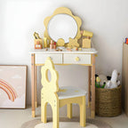Wooden Kids Vanity Set with Mirror, Drawers & Chair in Pink, White or Yellow