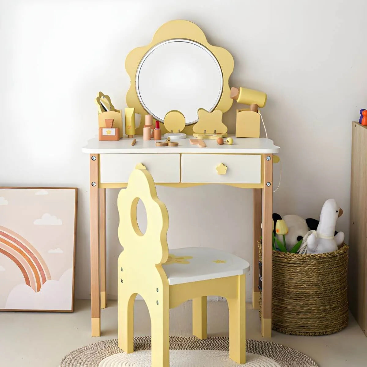 Wooden Kids Vanity Set with Mirror, Drawers & Chair in Pink, White or Yellow