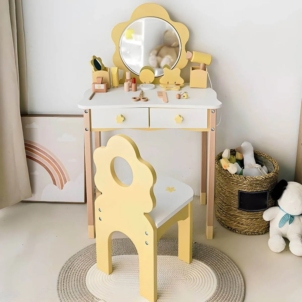 Wooden Kids Vanity Set with Mirror, Drawers & Chair in Pink, White or Yellow