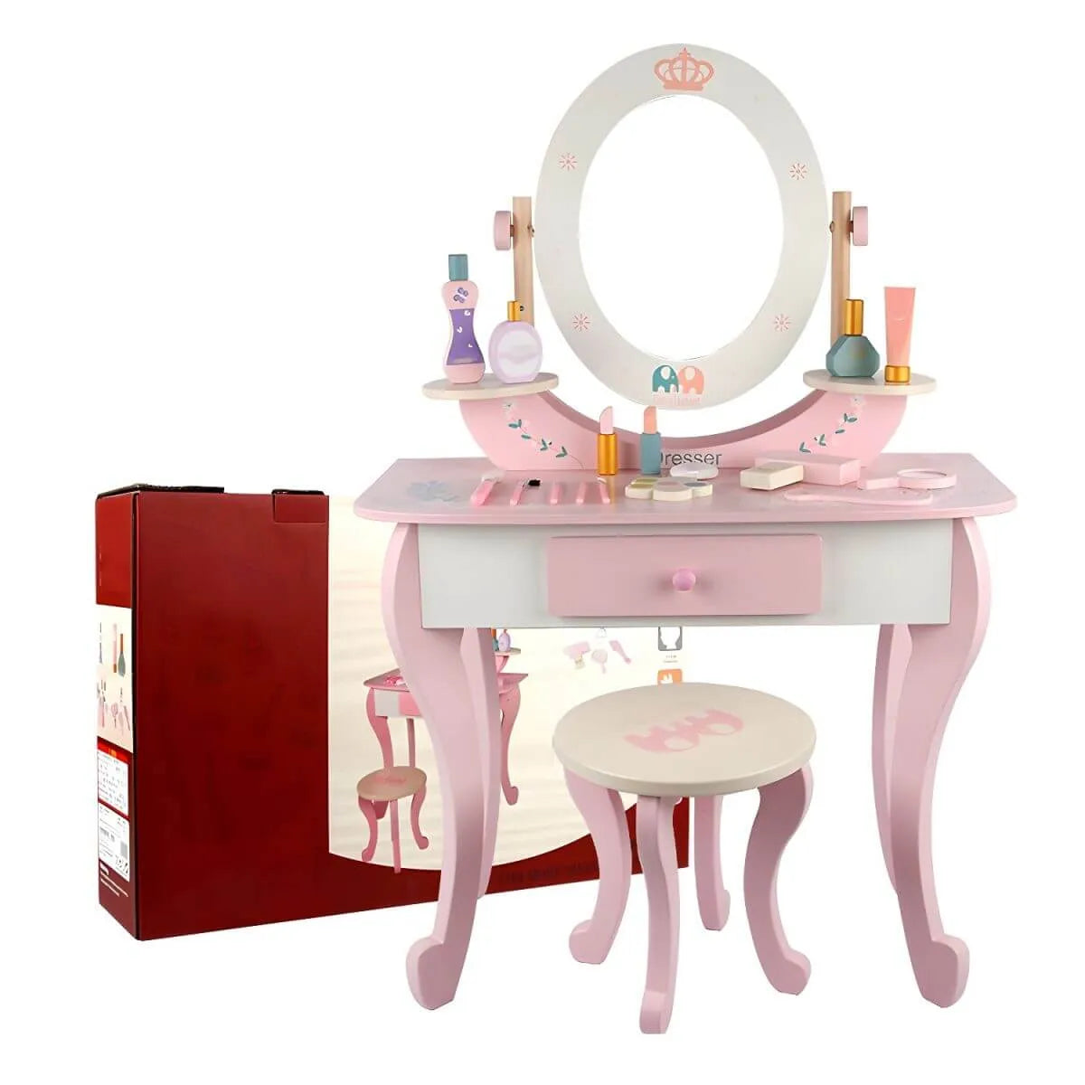 Wooden Kids Vanity Set with Mirror, Drawers & Chair in Pink, White or Yellow