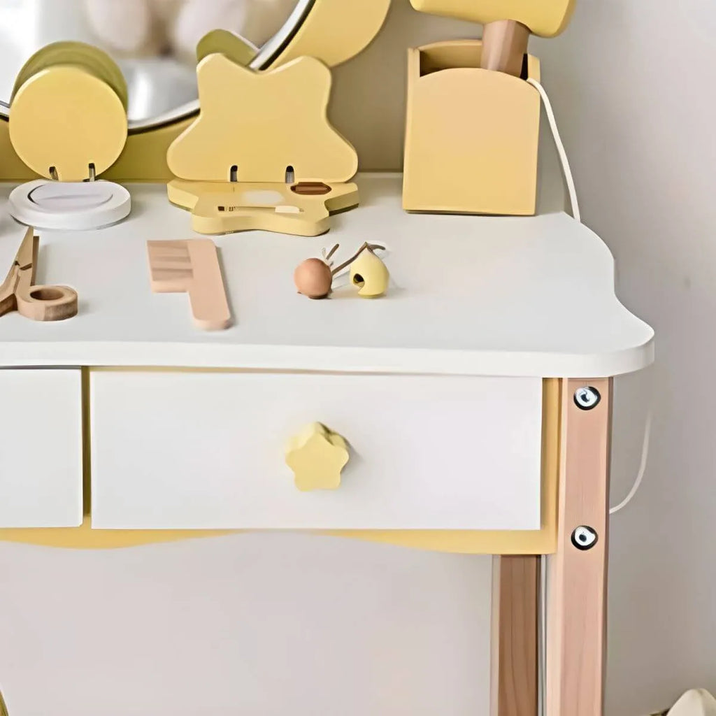 Wooden Kids Vanity Set with Mirror, Drawers & Chair in Pink, White or Yellow