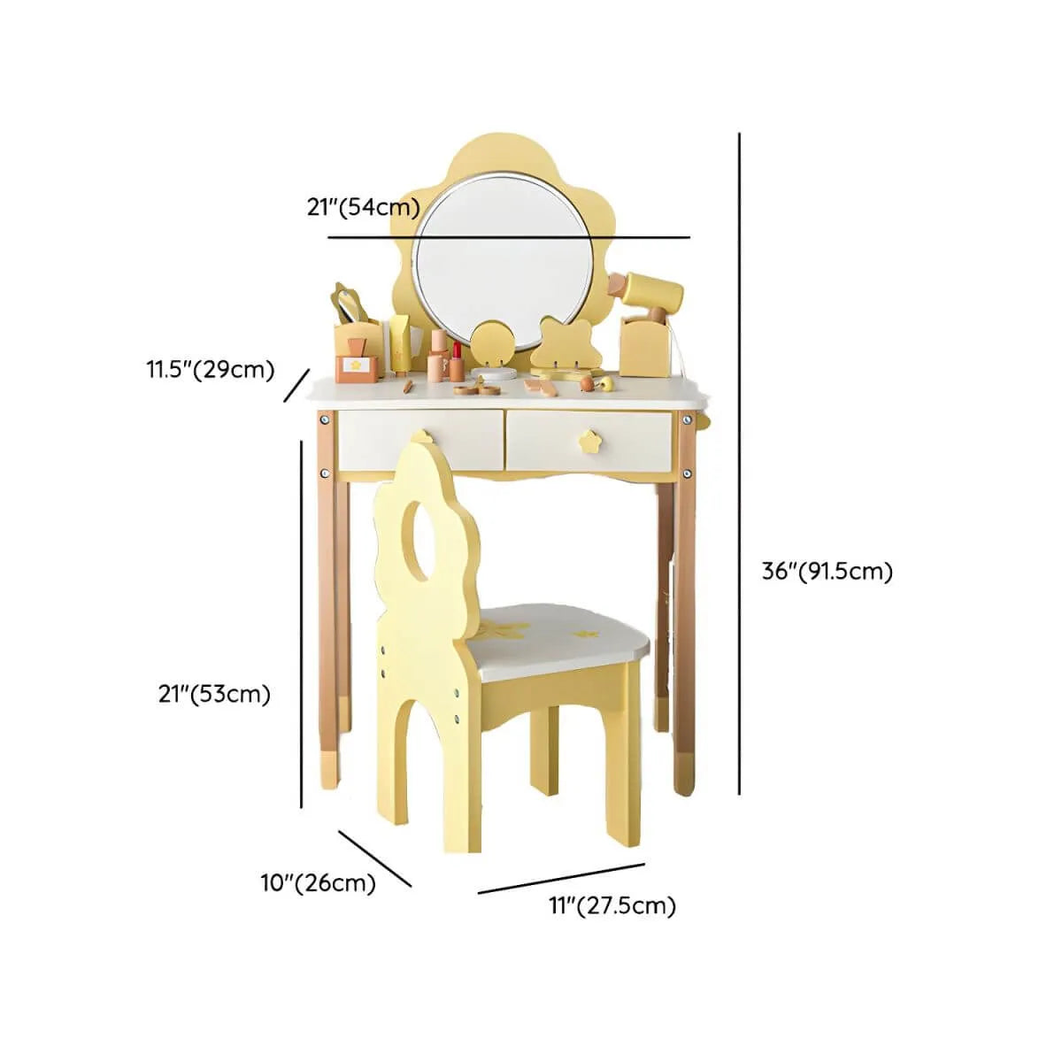 Wooden Kids Vanity Set with Mirror, Drawers & Chair in Pink, White or Yellow Dimensions