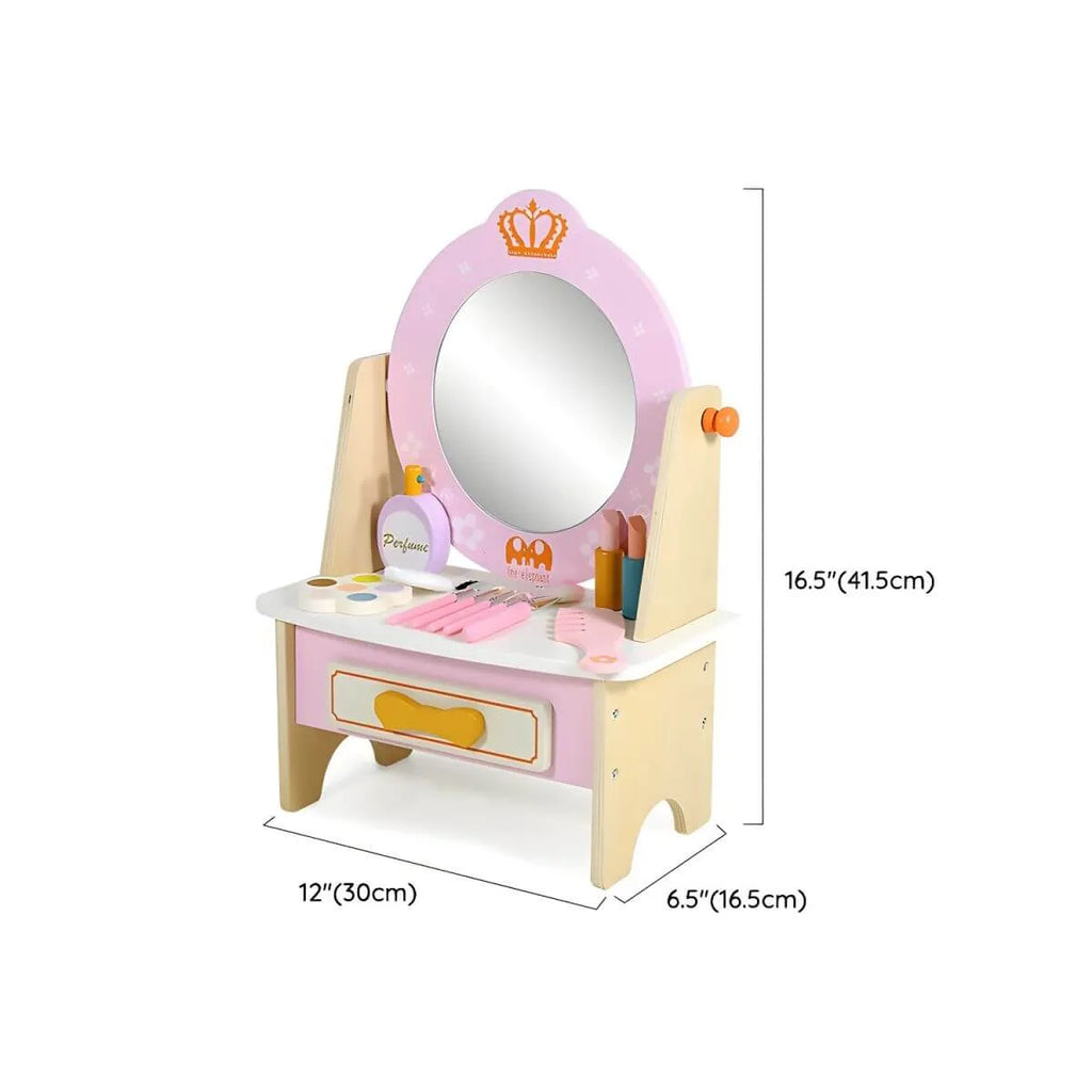 Wooden Kids Vanity Set with Mirror, Drawers & Chair in Pink, White or Yellow Dimensions