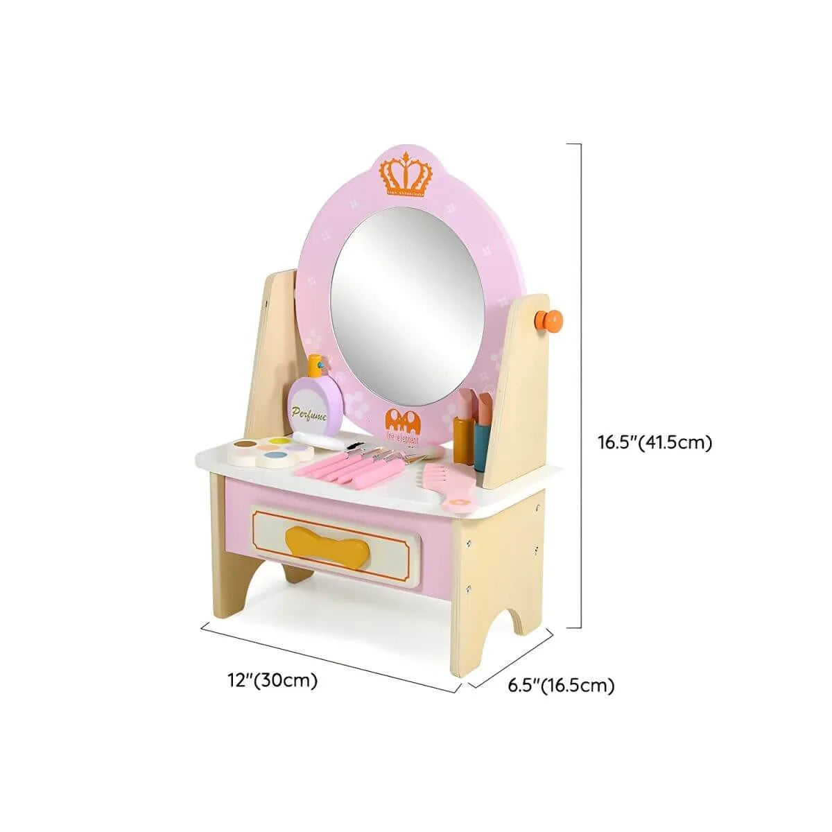 Wooden Kids Vanity Set with Mirror, Drawers & Chair in Pink, White or Yellow Dimensions