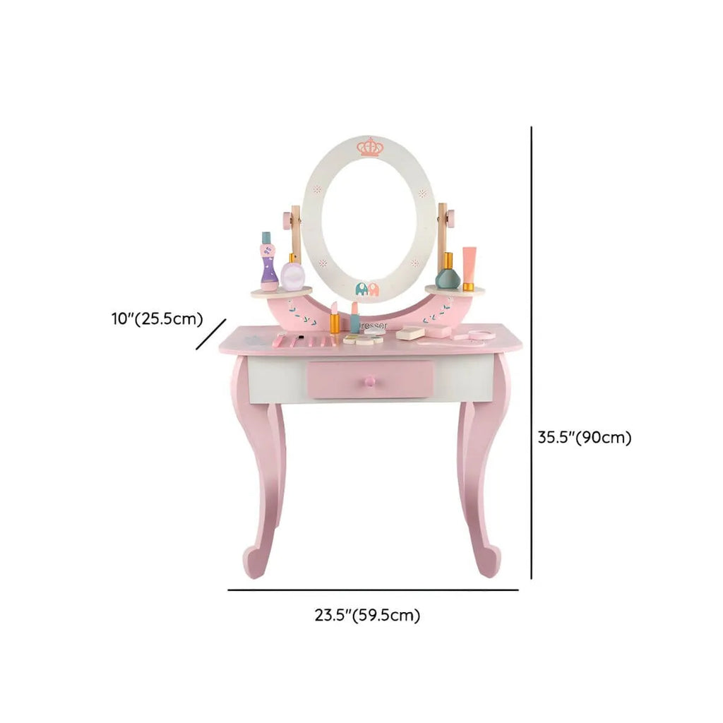 Wooden Kids Vanity Set with Mirror, Drawers & Chair in Pink, White or Yellow Dimensions