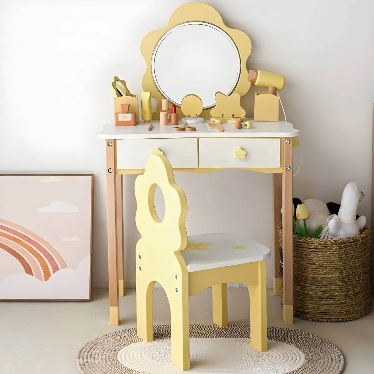 Wooden Kids Vanity Set with Mirror, Drawers & Chair in Pink, White or Yellow Main Product Image Image principale du produit
