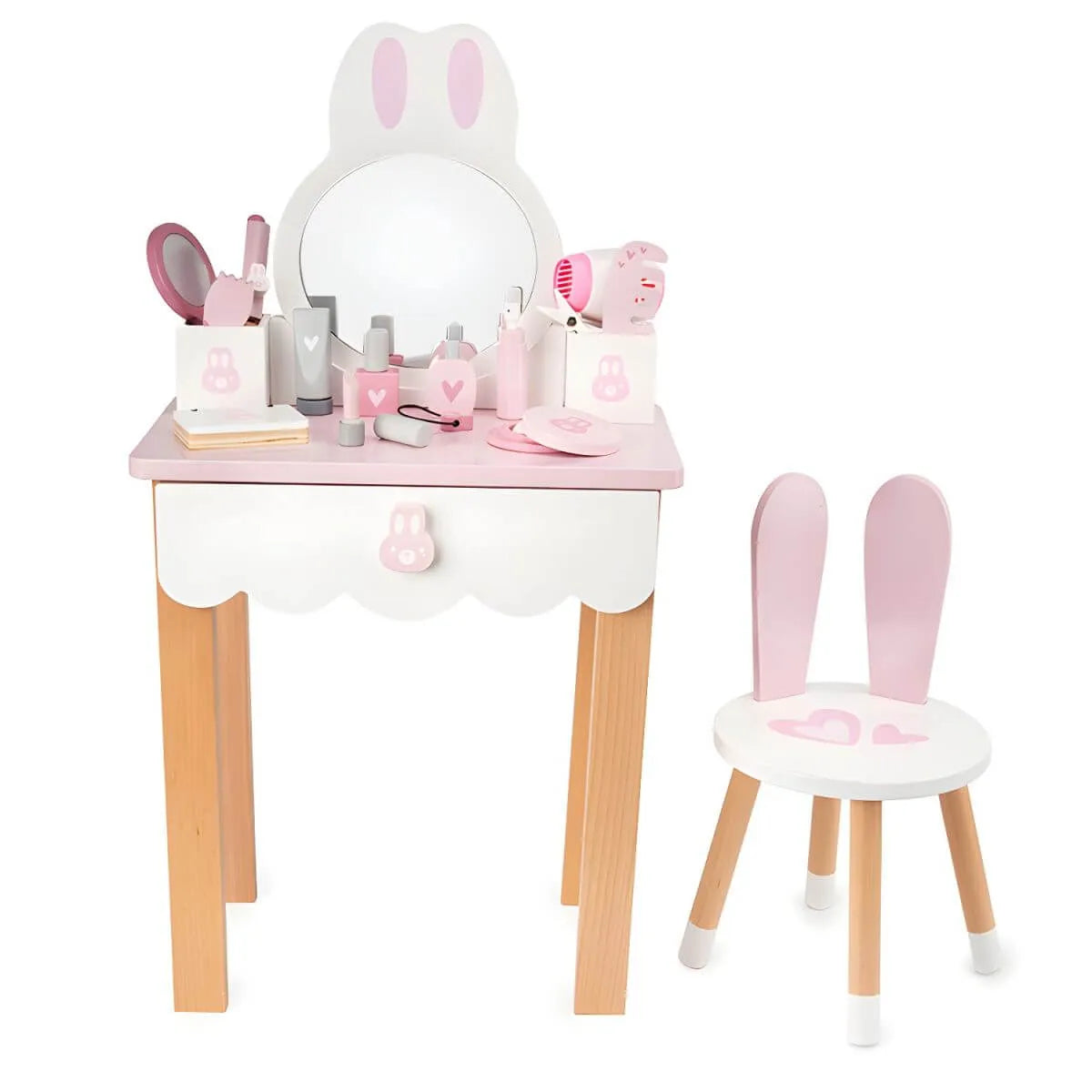 Wooden Kids Vanity Set with Mirror, Drawers & Chair – Pink & White