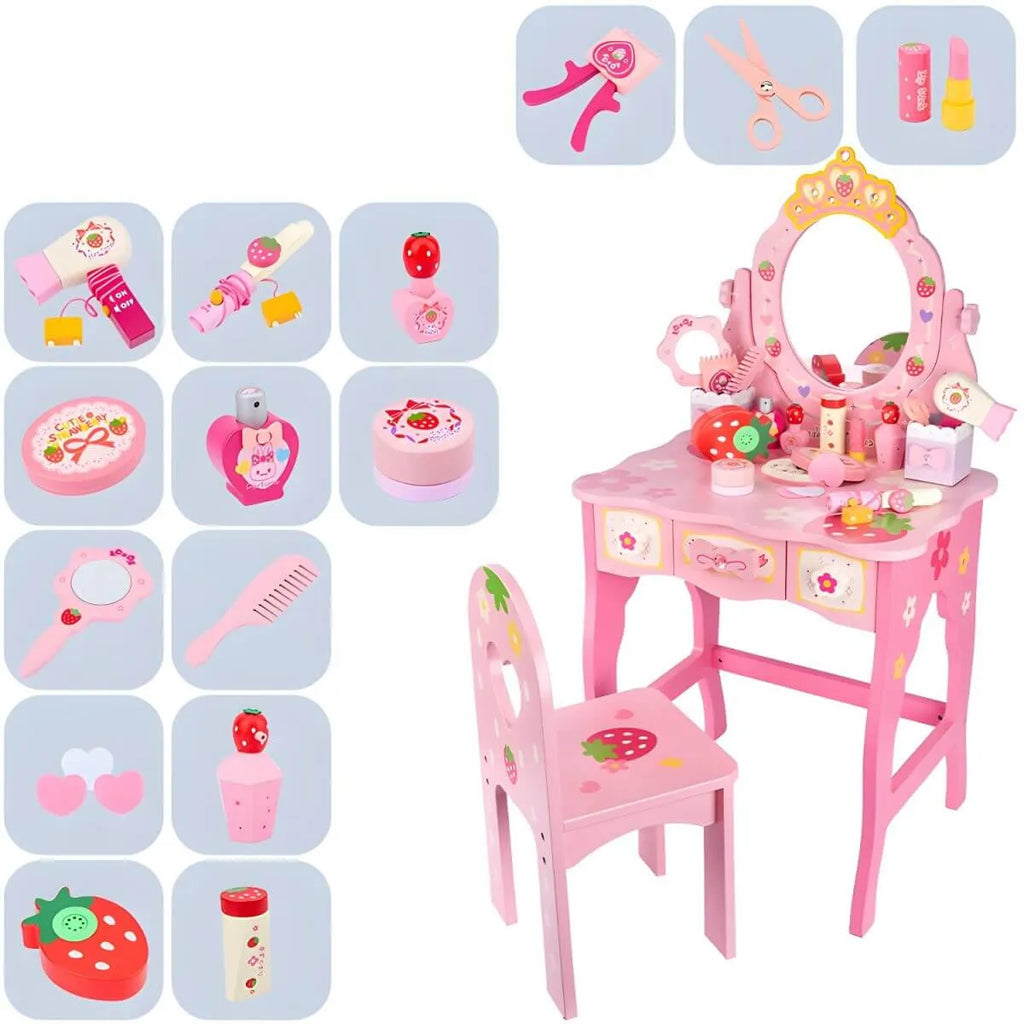Wooden Kids Vanity Set with Mirror, Drawers & Chair – Pink & White